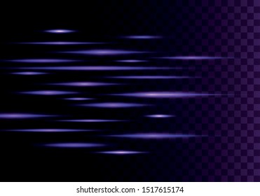 Set of color horizontal rays, lens, lines. Laser beams. Blue, purple luminous abstract sparkling lined transparent background. Light flares, effect. Vector