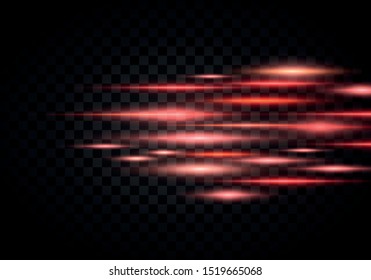 Set of color horizontal rays, lens, lines. Laser beams. Orange, red luminous abstract sparkling lined on a transparent background. Light flares, effect. Vector