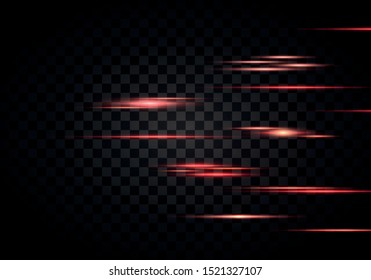 Set of color horizontal rays, lens, lines. Laser beams. Orange, red luminous abstract sparkling lined on a transparent background. Light flares, effect. Vector