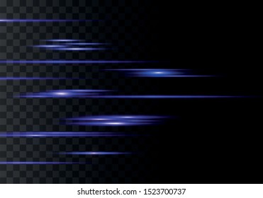 Set of color horizontal rays, lens, lines. Laser beams. Blue, purple luminous abstract sparkling lined transparent background. Light flares, effect. Vector