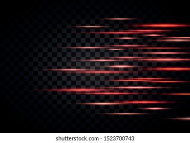 Set of color horizontal rays, lens, lines. Laser beams. Orange, red luminous abstract sparkling lined on a transparent background. Light flares, effect. Vector