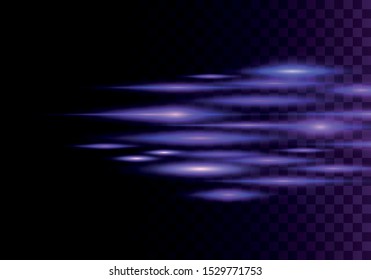 Set of color horizontal rays, lens, lines. Laser beams. Blue, purple luminous abstract sparkling lined transparent background. Light flares, effect. Vector