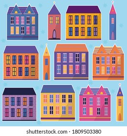 Conjunto de pegatinas de la casa de color en estilo plano. Icono moderno para el diseño de pancartas. Ilustración moderna. Estilo pegatina. Elementos de diseño de dibujos animados. Símbolo, signo.