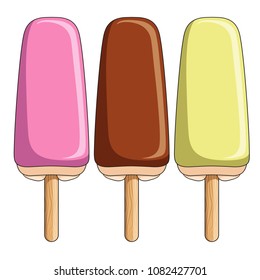 Set the color of ice cream in the glaze on a stick. Isolated vector objects on white background.