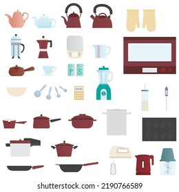 Set of color icon illustrations of kitchen utensils.