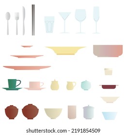 Set of color icon illustrations of tableware.