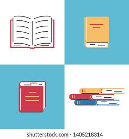 Set color icons of books in flat style. Open and closed books, stack. Vector illustration.