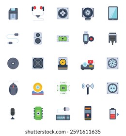 Set of color icons of computer equipment, hardware, electronic mechanisms and objects. Vector.