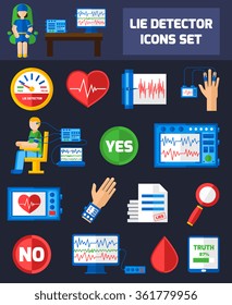 Set color icons with dark background on theme of lie detection using different methods for websites presentation vector illustration