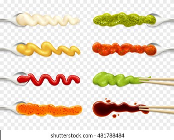 Set of color icons depicting different sauce in spoon vector illustration