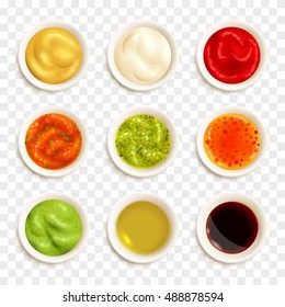 Set of color icons depicting different sauce in plate vector illustration