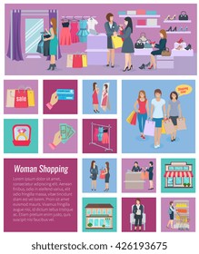 Set of color icons different size with elements of woman shopping vector illustration