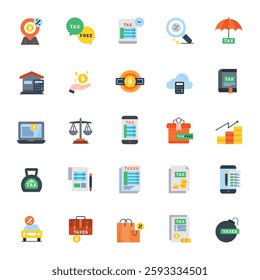 Set of color icons of fees, taxes, loans and credits, interest. Colorful icons of lending and investment. Financial interest and investment. Vector illustration