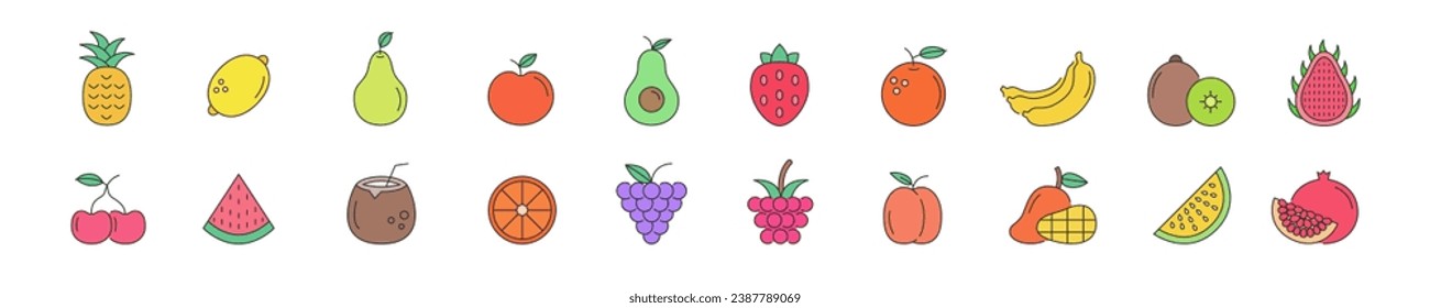 Set of color icons with fruits in linear style. Vector illustration.