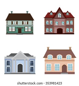 Set of color icons of large buildings. Vector 10eps decorative old buildings.