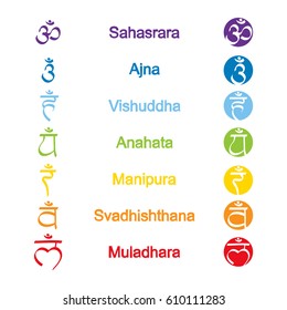 set of color icons with  names of chakras in Sanskrit for your design 