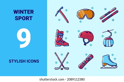 Set of color icons on the theme of winter sports and outdoor recreation. Vector stylish outline illustrations on light blue background.