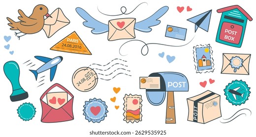 Conjunto de iconos de color sobre el tema de los artículos postales, paquetes y cartas. Clip arte - buzón, sobre, avión, sello, sello, mensaje, paquete. elemento Vector