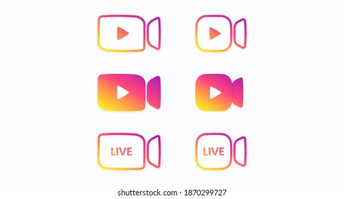 A set of color icons for Play and Live cameras isolated on a light background. A set of bright buttons for Live broadcast, online broadcast, Live. Vector illustration