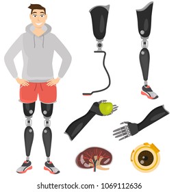 Set of color icons of prostheses and artificial parts of the body. Guy with leg prostheses illustration