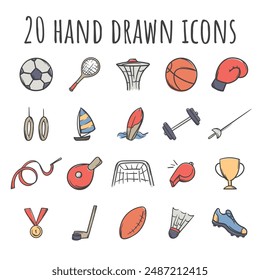 A set of color icons related to competitions and championships. Vector symbols with sports. Simple editable pictograms with balls and sports equipment.