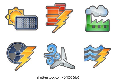 A set of color icons with relating to power and energy generation. Solar, fossil fuel, nuclear, wind, hydro or water and oil