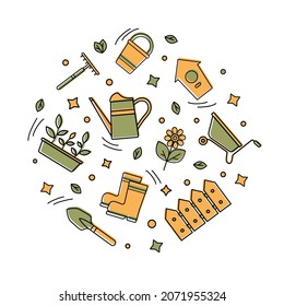 Set of color icons, simple doodles of garden tools, seedlings, flower, isolated on white background. Household plot, agricultural work. Birdhouse, fence, cart, watering can. Logo, Vector illustration