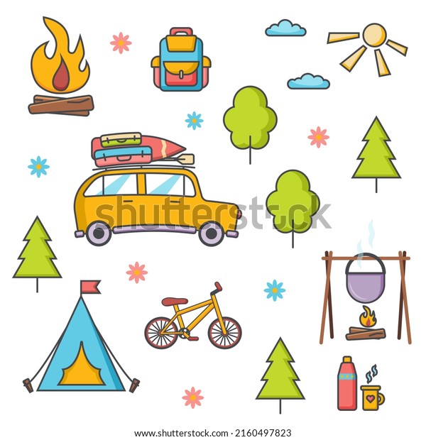 Set of color icons for summer outdoor\
recreation, tourist camp, camping trip or tourism, travel. Summer\
camp. Outdoor recreation, picnic. Healthy outdoor activities\
concept. Vector\
illustration