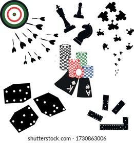 a set of color icons with table and gambling games - dominoes, Darts, chess, puzzles, poker icons
