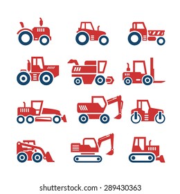 Set color icons of tractors, farm and buildings machines, construction vehicles isolated on white. Vector illustration