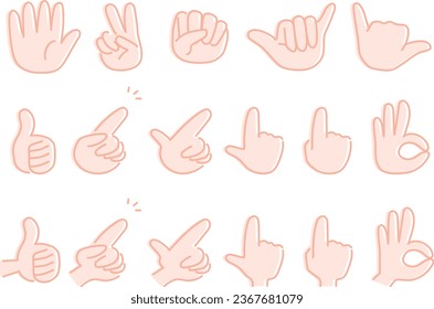 Set of color icons for various hand signs. Hand poses such as pointing, OK sign, etc.