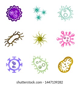 Set of color icons of viruses and bacteria. Vector on white background.