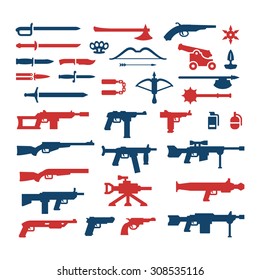 Set Color Icons Of Weapons Isolated On White. Vector Illustration