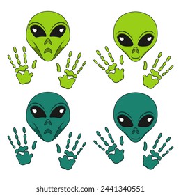 Set of color illustration with alien face and hands. Isolated vector object on white background.