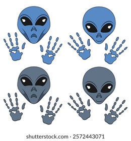 Set of color illustration with alien face and hands. Isolated vector object on white background.