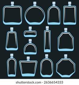 Set of color illustration with bottle of perfume spray. Isolated vector object on black background.