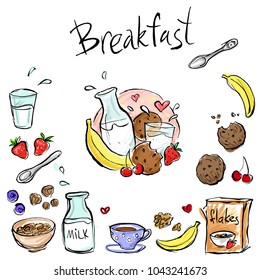 Set of color illustration of breakfast.