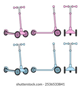 Conjunto de ilustración a color con scooter de tres ruedas para niños. Objeto de Vector aislado sobre fondo blanco.