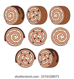 Set of color illustration with chocolate cake roll. Isolated vector objects on a white background.