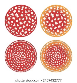 Set of color illustration with fly agaric mushroom caps. Isolated vector objects on white background.