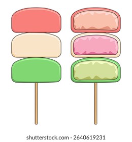 Set of color illustration with Japanese rice dessert mochi on stick. Isolated vector object on white background.