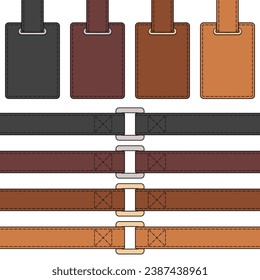 Set of color illustration of leather belt with tag. Isolated vector object on white background.