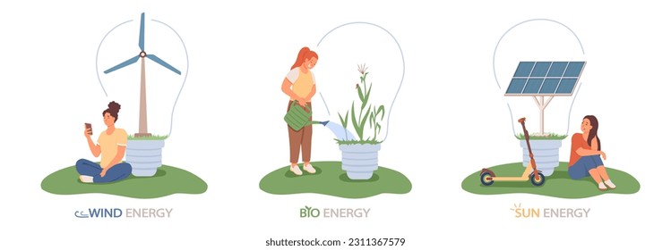 Set of color illustrations about sun, wind and bio energy. Female vector characters monitor accumulation and use of natural resources. Care for environment