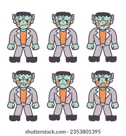 A set of color illustrations of adorably deformed Frankenstein with various expressions.