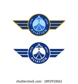 Set of color illustrations airplane, wings, text on a white background. Vector illustration for logo, badge, sticker, label. Aviation symbols. Airline logo.