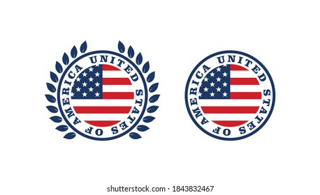 Set of color illustrations American flag, laurel wreath, text on white background.Vector illustration for logo, emblem, sticker, label. Illustration made in the United States of America.