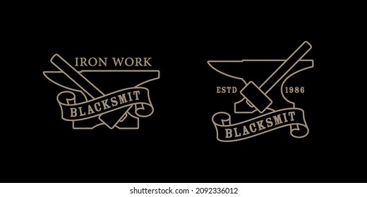 Set of color illustrations of anvil, hammer and tape with text on a black background. Design element for emblem, print, sticker, label and badge. Vector illustration. Blacksmith symbolism.