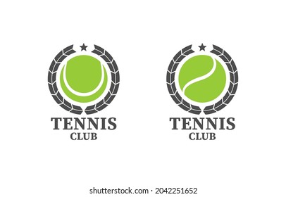 Set of color illustrations ball, wreath, text on a white background. Design element for emblem, badge, sticker, sticker and label. Vector illustration. Sports symbols. Tennis club.