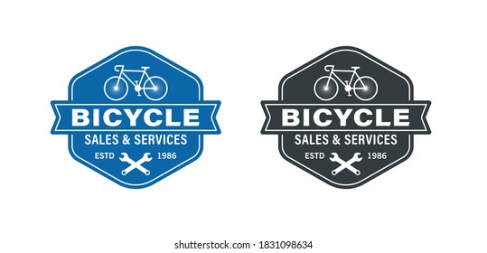 Set of color illustrations of bicycle, wrenches, vintage ribbon and text on a white background. Vector illustration for logos, emblems, labels. Bicycle sales shop, repairs and services.