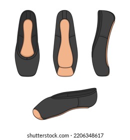 Set of color illustrations with black pointe shoes, ballet shoes. Isolated vector objects on white background.